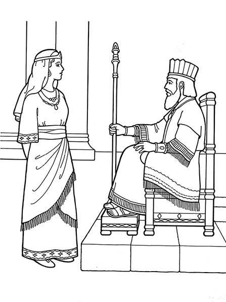 A black-and-white illustration of Queen Esther standing in front of the king, who is sitting in a large throne wearing robes and a crown.