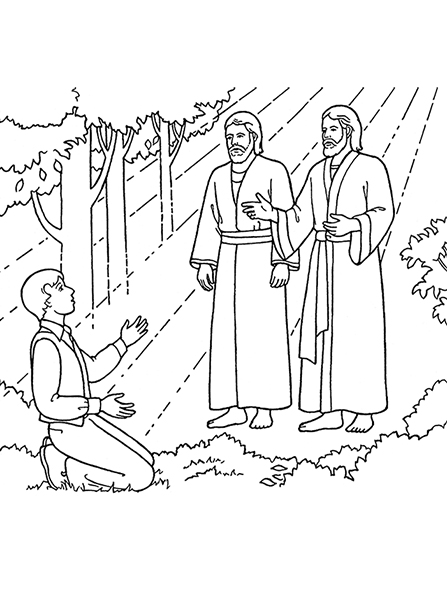 A black-and-white illustration of Heavenly Father and Jesus Christ appearing to a kneeling Joseph Smith in the Sacred Grove.