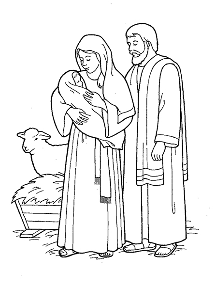A black and white illustration of Mary, Joseph, and the baby Jesus in the stable, with the manger and sheep in the background.