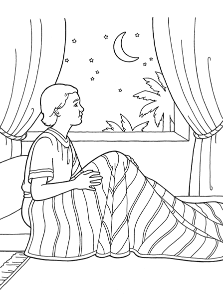 A black-and-white illustration of Samuel sitting up in bed under a striped blanket and looking out of a curtained window to the stars and moon.