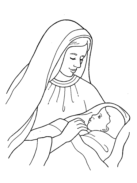 A black-and-white illustration of Mary holding the baby Jesus, who is swaddled in a blanket.