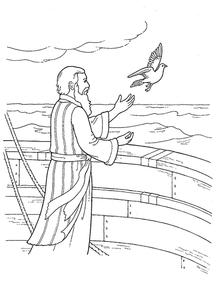 A black-and-white illustration of the prophet Noah releasing the dove of peace from the ark.