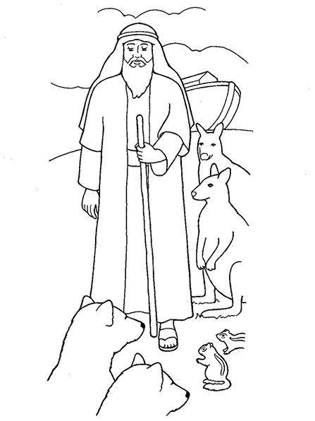 An illustration of Noah holding a staff, surrounded by animals and the ark in the background.