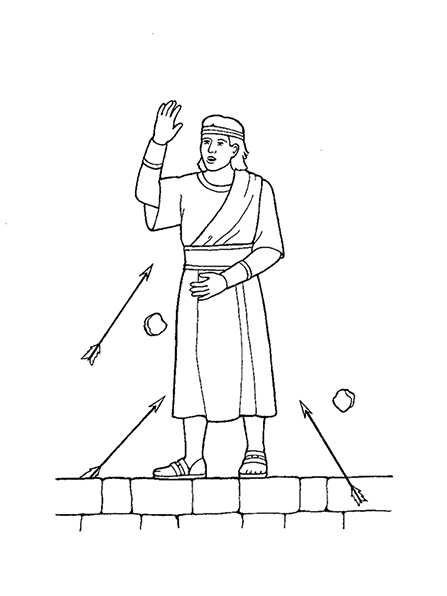A black-and-white illustration of Samuel the Lamanite withstanding the arrows and stones being thrown at him.