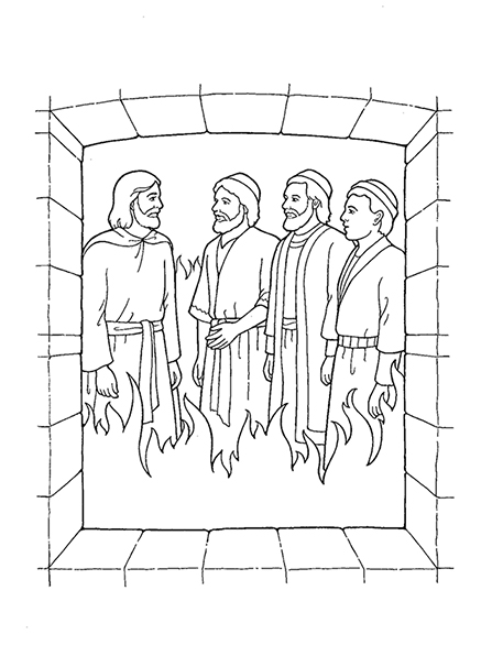 A black-and-white illustration of Shadrach, Meshach, and Abednego standing with Christ in the midst of the flames in the furnace.