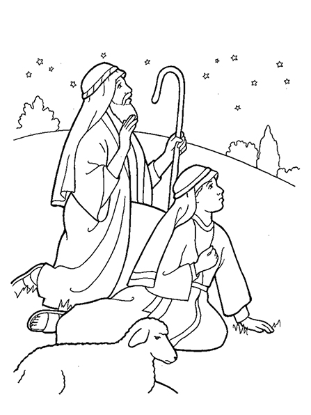 A black-and-white illustration of two shepherds sitting on a hill near one of their sheep, looking up toward the stars.