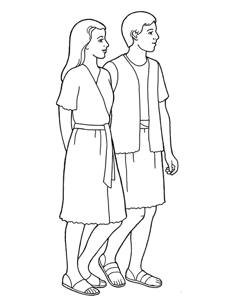 A black-and-white illustration of the side profile of Adam and Eve standing side-by-side with their hands behind their back.