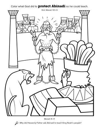 A line drawing of Abinadi in the court of King Noah.
