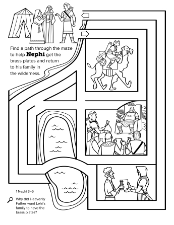 A black-and-white line-art maze representing Nephi’s journey to get the brass plates.