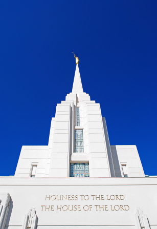 The front spire of the Rexburg Idaho Temple, with the angel Moroni on top.