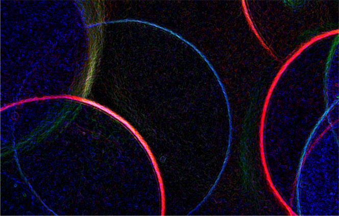 Red, blue, and green circles of textured light in a random pattern against a dark background.