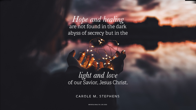 Hands holding a wire with lights by a lake, with a quote from Sister Carole M. Stephens: â€œHope and healing are not found in the dark abyss of secrecy but in the light and love of our Savior, Jesus Christ.â€