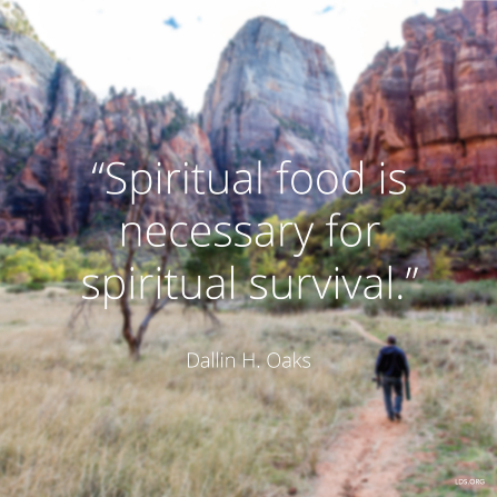 An image of a man walking a path near a canyon, coupled with a quote by Elder Dallin H. Oaks: “Spiritual food is necessary.”