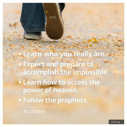 An image of the shoes of a person walking, with the words of President Russell M. Nelson: “Learn who you really are.”