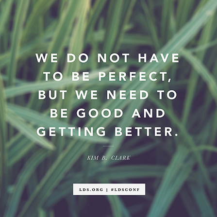 A close-up image of blades of green grass, with a quote by Elder Kim B. Clark: “We do not have to be perfect.”