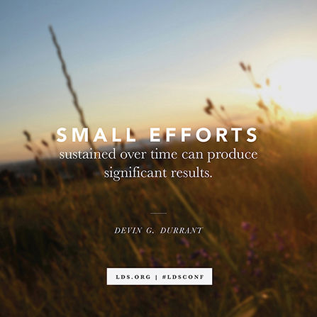 A background of plants growing in a field at sunset, paired with a quote from Devin G. Durrant: â€œSmall efforts â€¦ produce significant results.â€