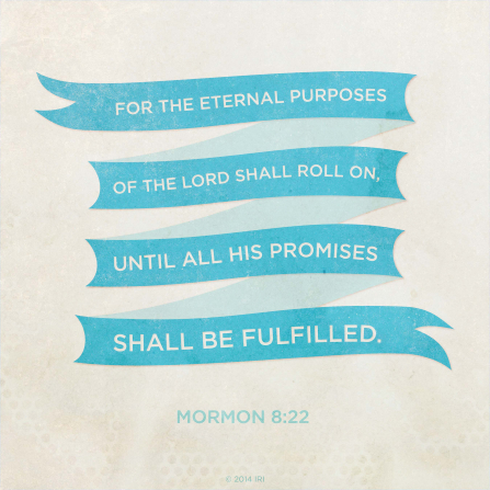 A neutral white background with the words of Mormon 8:22 over the top, printed on a blue banner.