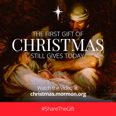 A painting of the Holy Family paired with the words “The first gift of Christmas still gives today.”