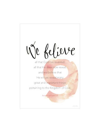 A white background with a large number 9 printed in red, paired with the words of Articles of Faith 1:9.