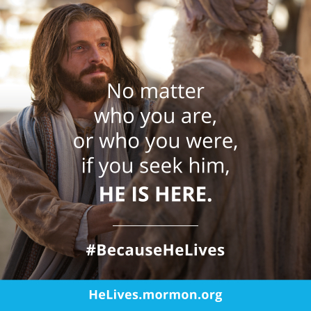 An image of Christ talking to a man, combined with the words â€œNo matter who you are, â€¦ He is here.â€