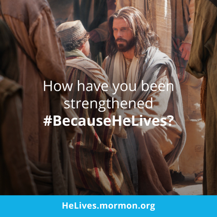 An image of Christ talking with a man in the streets, combined with the words â€œHow have you been strengthened?â€