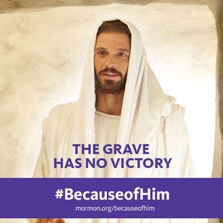 An image of the resurrected Christ combined with the words â€œThe grave has no victory.â€