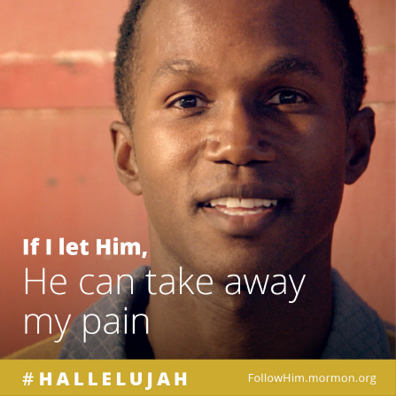 A close-up of a manâ€™s face, paired with the words â€œIf I let Him, He can take away my pain.â€