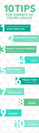 A green and white diamond-patterned graphic showing 10 tips for parents of young adults.