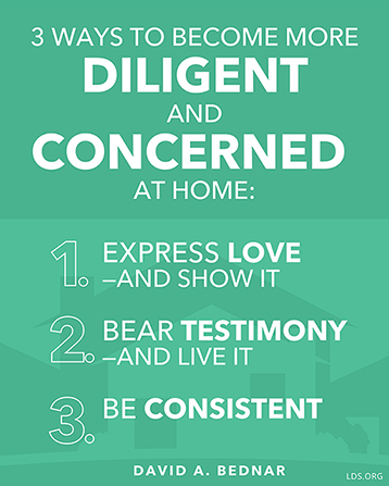 A teal background with a white text overlay quoting Elder David A. Bednar’s three ways to become more diligent and concerned at home.