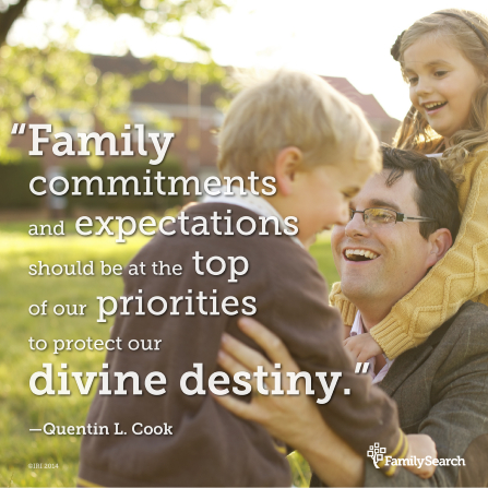 An image of a father and his children, combined with a quote by Elder Quentin L. Cook: “Family commitments and expectations should be at the top of our priorities.”