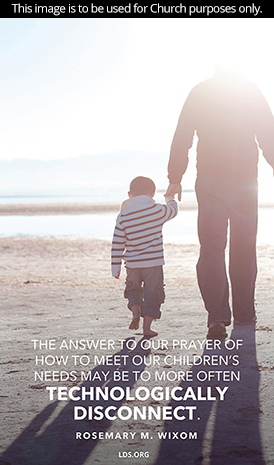 An image of a father and son on the beach, paired with a quote by Sister Rosemary M. Wixom: “The answer to our prayer … may be to more often technologically disconnect.”