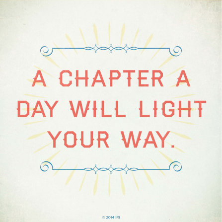 A neutral white background with pale white and blue designs combined with the words “A chapter a day will light your way.”