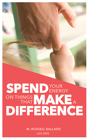 An image of a childâ€™s hand holding an adultâ€™s finger, with a text overlay in pink and white quoting Elder M. Russell Ballard: â€œMake a difference.â€