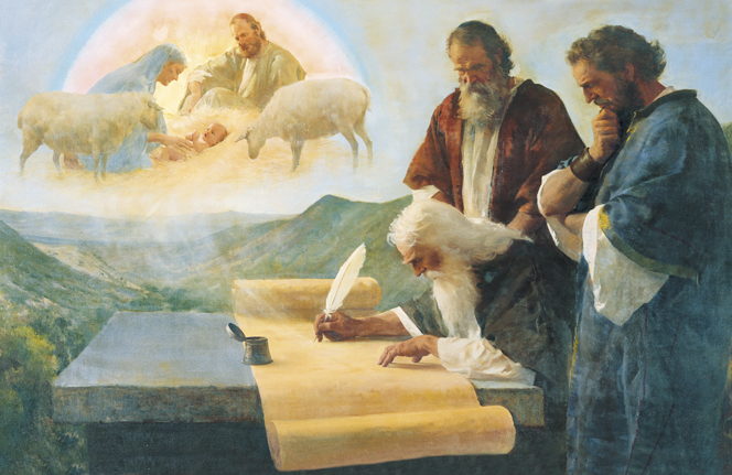 Two men observing the prophet Isaiah, who is writing on a long scroll while envisioning the Nativity scene.