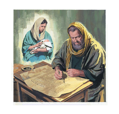 A painting of a prophet writing down his prophecy of Christ’s birth.