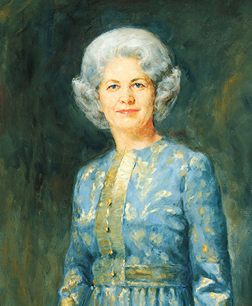 A painted portrait by Cloy Paulson Kent of Barbara Bradshaw Smith against a green and blue background, wearing a blue dress with buttons down the front.