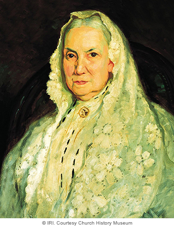 A painted portrait by Lee Greene Richards of Bathsheba W. Smith against a black background, wearing a white dress with a white shawl over her head.