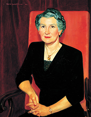A painted portrait by Alvin Gittins of Belle Smith Spafford against a red background, sitting in a red chair, wearing a black dress and gold necklace.