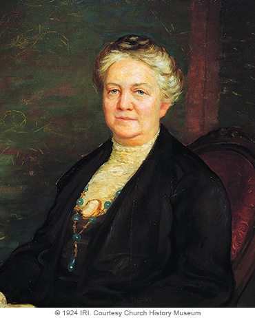 A painted portrait by Lee Greene Richards of Clarissa Smith Williams against a green and red background, sitting in a red chair, wearing a black dress and shawl.