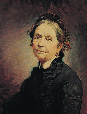 A painted portrait by John Willard Clawson of Eliza R. Snow in a black dress and a hat.