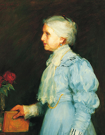 A painted portrait by Lee Greene Richards of Emmeline B. Woodward Wells against a dark brown background, wearing a blue dress and white scarf, with a rose in the background.