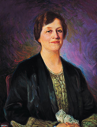 A painted portrait by John Willard Clawson of Louise Yates Robison against a purple background, wearing a green dress and a black jacket.