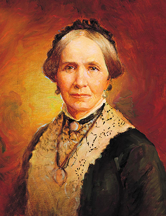A painted portrait by John Willard Clawson of Zina Diantha Huntington Young against a red and yellow background, wearing a little black hat and a black dress trimmed with white lace.