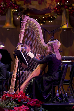 A woman with brown hair and a black dress playing a harp in the Christmas concert in 2008.