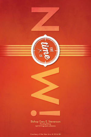 A red background with the word “NOW!” sideways and a clock in the middle, forming a quote from Bishop Gary E. Stevenson: “The time is now!”