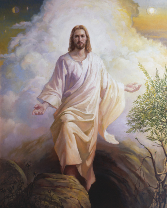 Christ in white robes in front of billowing white clouds, walking across large stones seen in the foreground.