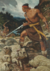 A painting by Arnold Friberg of Ammon standing and holding a sword to defend King Lamoniâs sheep from the oncoming Lamanites.