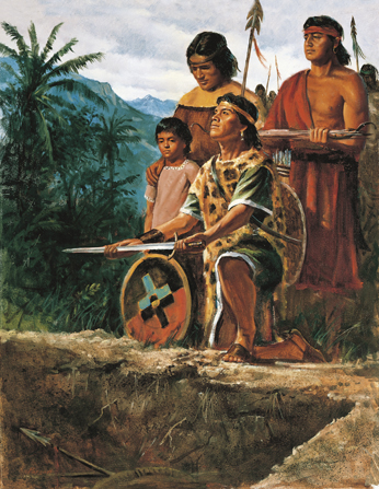 A painting by Del Parson depicting a group of Anti-Nephi-Lehies preparing to bury their swords in a pit, with one young man kneeling and holding a shield and sword.