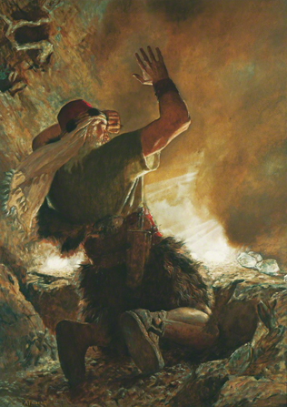 A painting by Arnold Friberg depicting the brother of Jared kneeling and shielding his eyes from the bright light emanating from the stones the Lord touched.