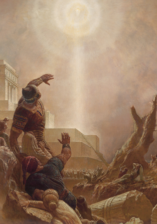 A painting by Arnold Friberg depicting a group of Nephites looking up towards the resurrected Jesus Christ descending from the sky; Mormon art